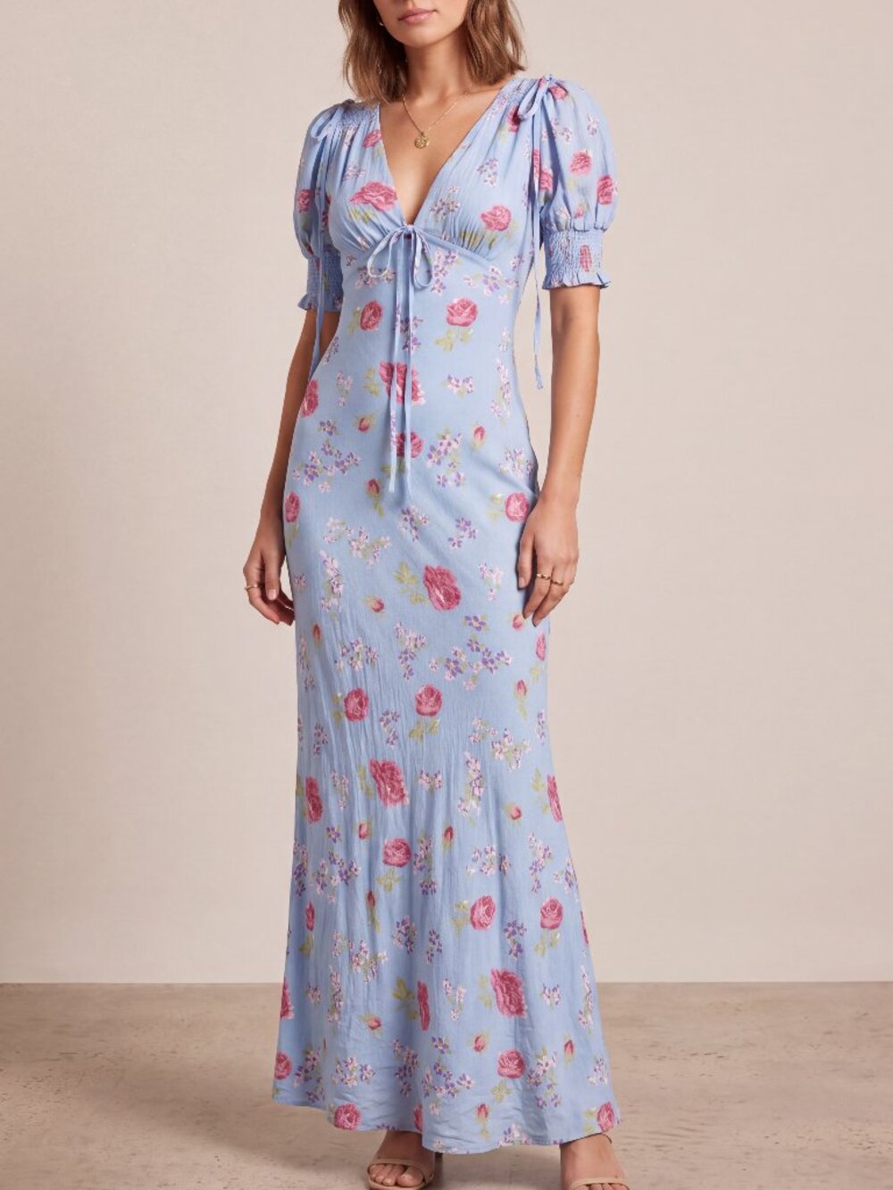 Topshop Blue Floral Rose Puff Sleeve Bustier Maxi Dress US 2 UK 6 Viscose